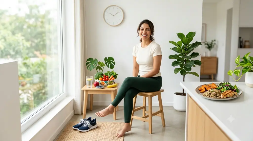 Water, fruits, walking shoes and a notebook representing everyday healthy habits