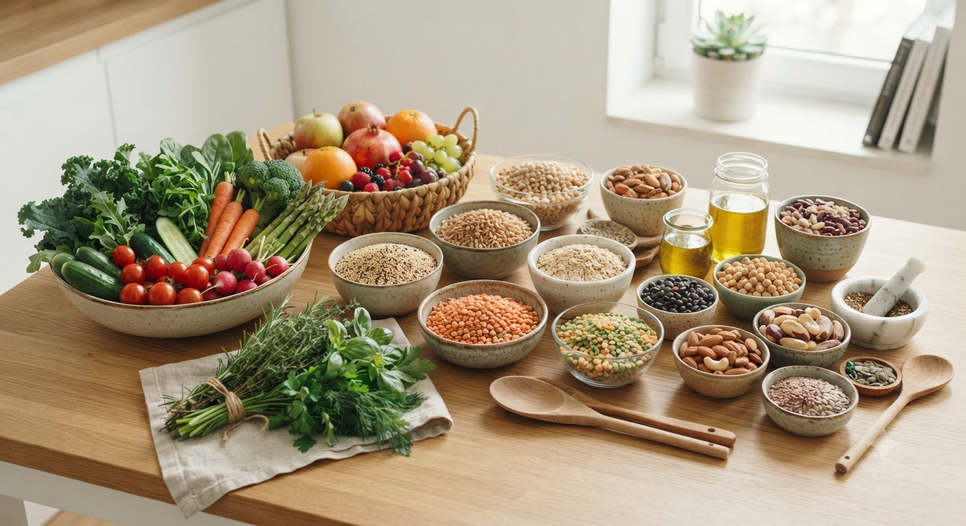 Fresh natural foods including fruits vegetables grains nuts and seeds