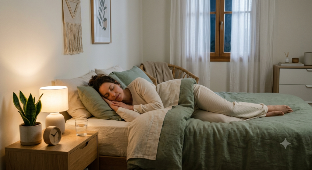 Person sleeping comfortably in a peaceful bedroom