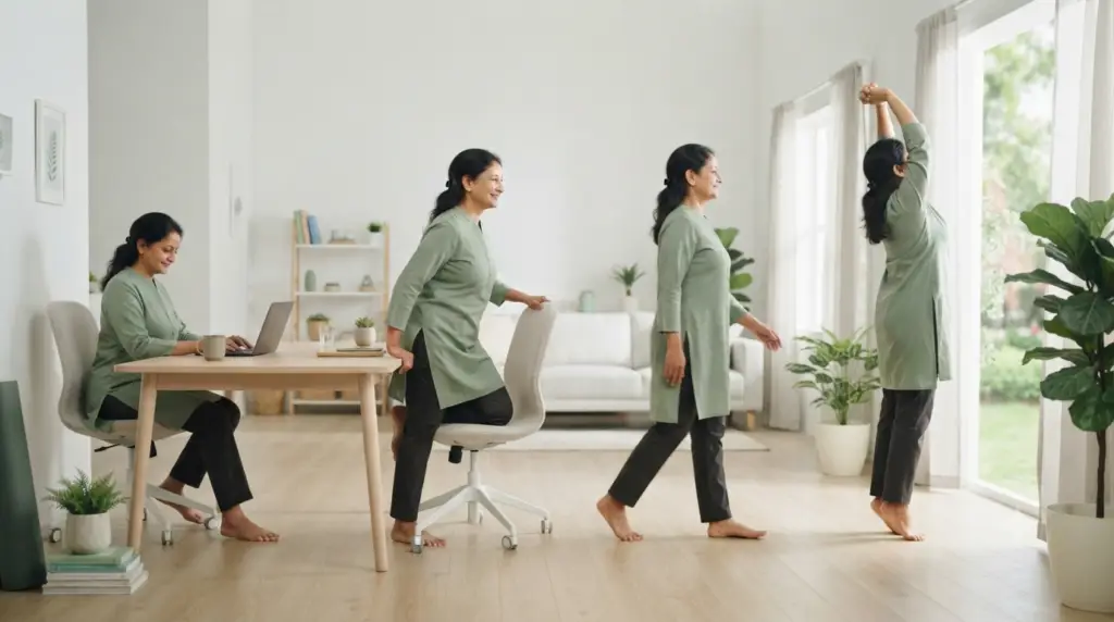 Woman adding standing walking and stretching to her daily routine