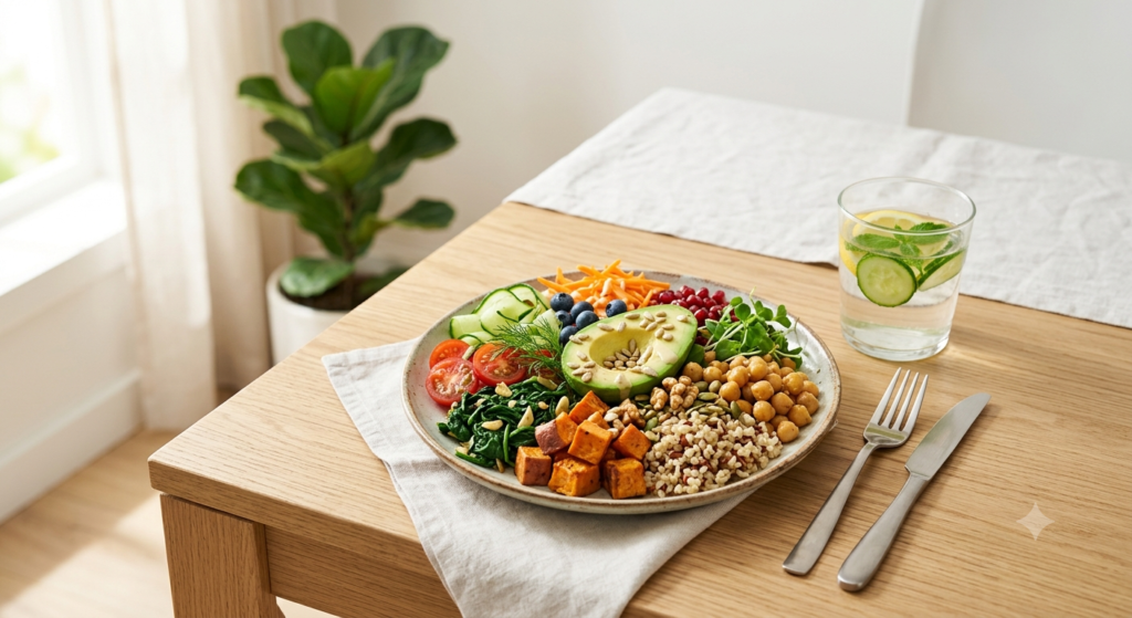 Variety of nutritious foods including vegetables fruits whole grains nuts and seeds