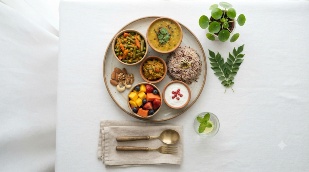 Balanced Indian meal with vegetables, dal, grains, curd and fruits