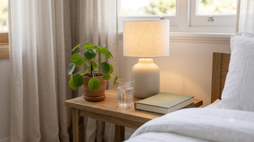 Bedside table with a book and soft lighting for a relaxing bedtime routine