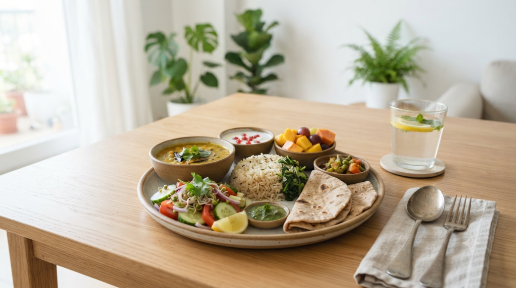 Healthy nutritious Indian meal with vegetables, fruits, grains and pulses