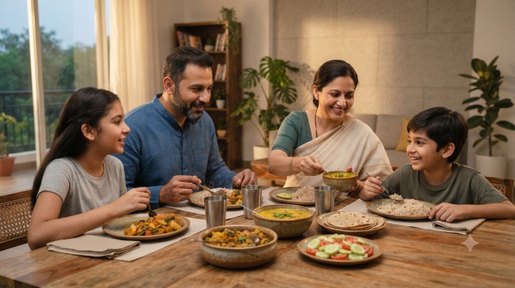 Indian family enjoying a healthy homemade meal together