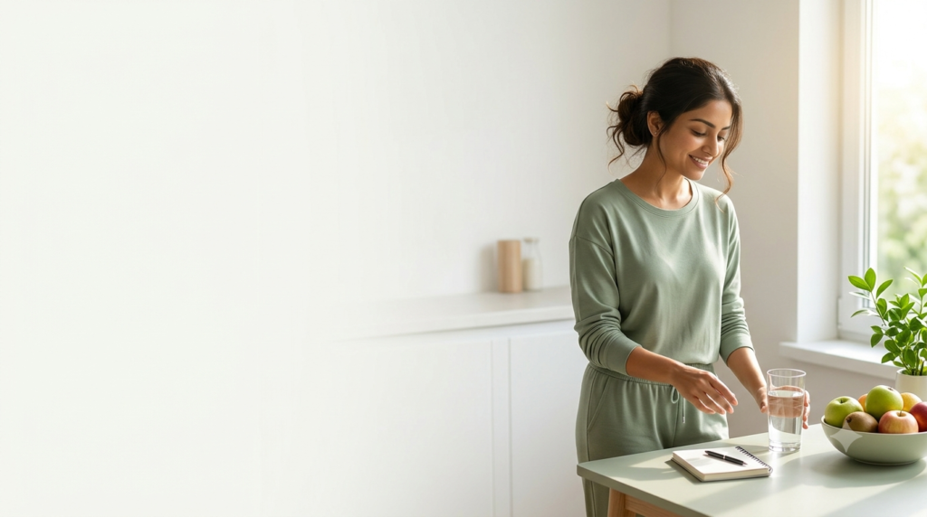 Indian woman following a healthy morning routine with water and fresh fruit.
