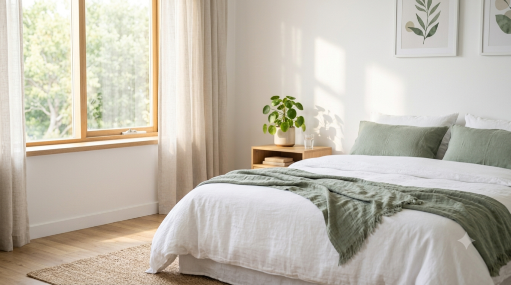 Peaceful bedroom with white bedding and a green blanket in morning light