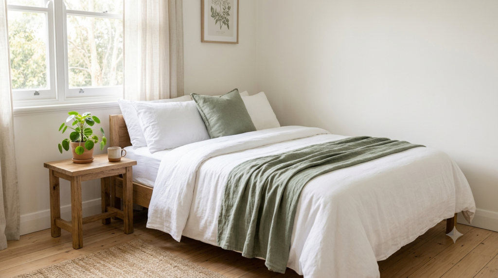 Peaceful bedroom with white bedding and soft morning sunlight