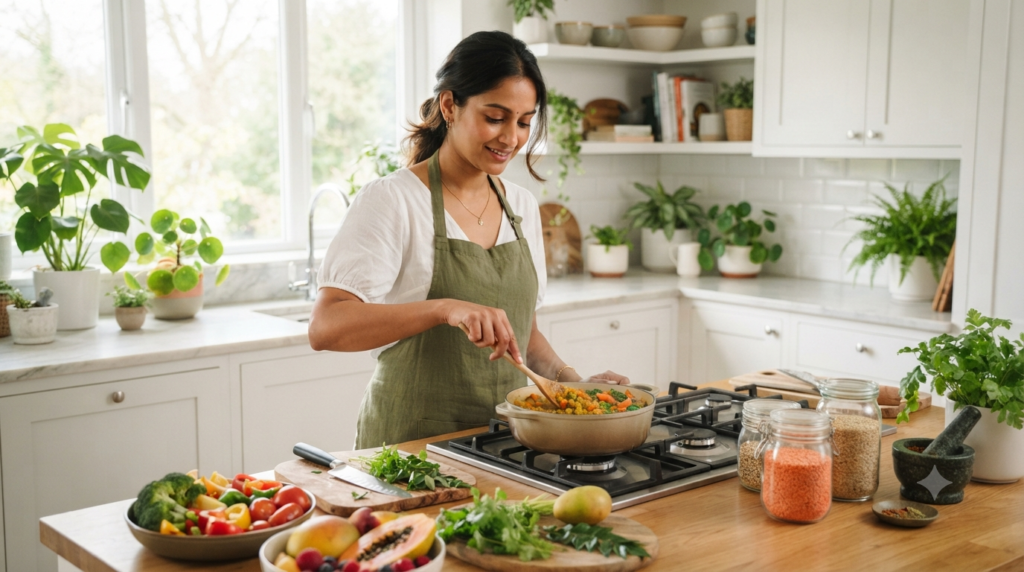 Woman preparing a healthy balanced meal with nutritious foods