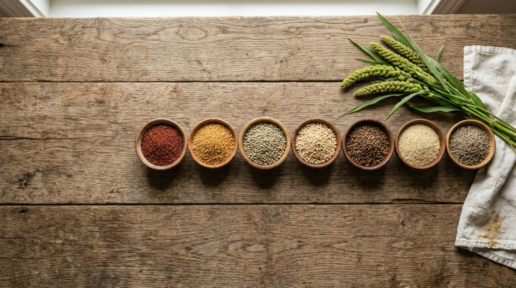 different millets in bowls displayed for reference