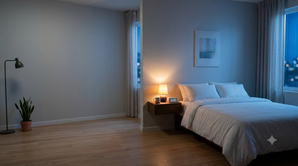 Peaceful bedroom at night with a bedside lamp and an alarm clock, illustrating how much sleep adults need.