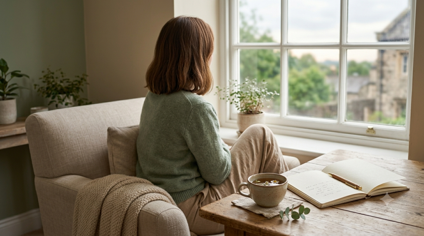 Person relaxing with tea and a notebook, one of many mental wellness tips