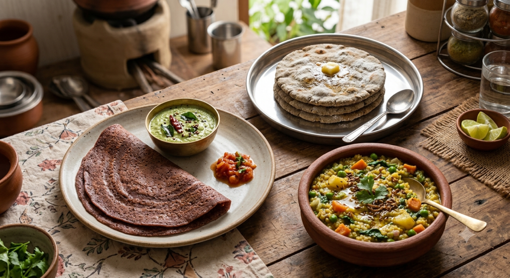 Ragi dosa, bajra roti and millet khichdi, simple Indian millet meals