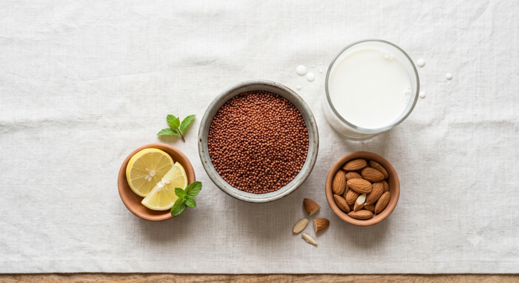 Ragi grains with milk, almonds and lemon, calcium-rich foods for a balanced meal