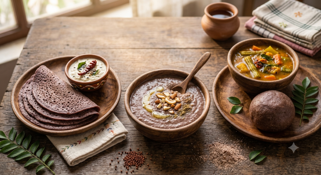 Ragi porridge, ragi dosa and ragi mudde, easy ways to eat finger millet