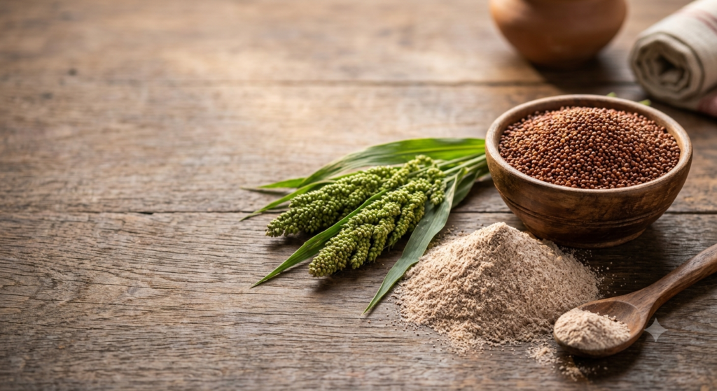 Bowl of ragi finger millet grains and flour on a wooden table