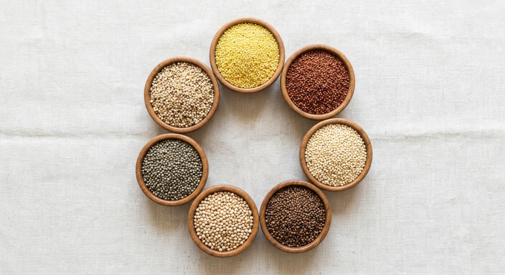 Different types of Indian millets arranged in small bowls
